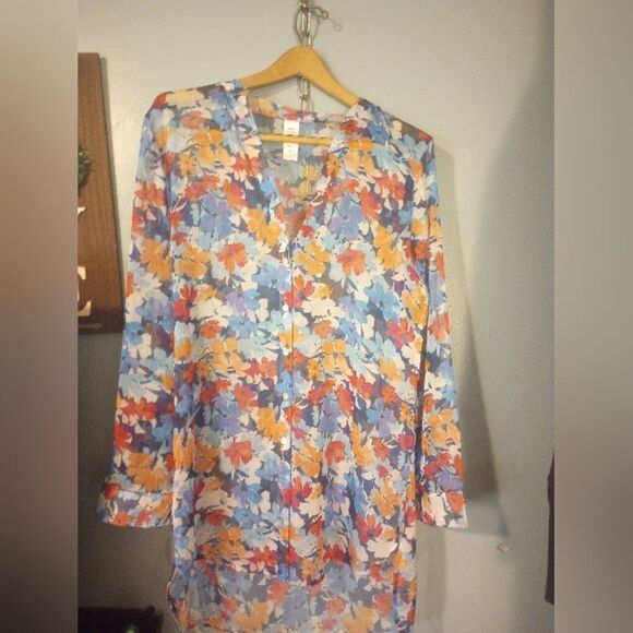 American Beach Sheer Floral Print Button Down Swim Suit Cover - Picture 2 of 10